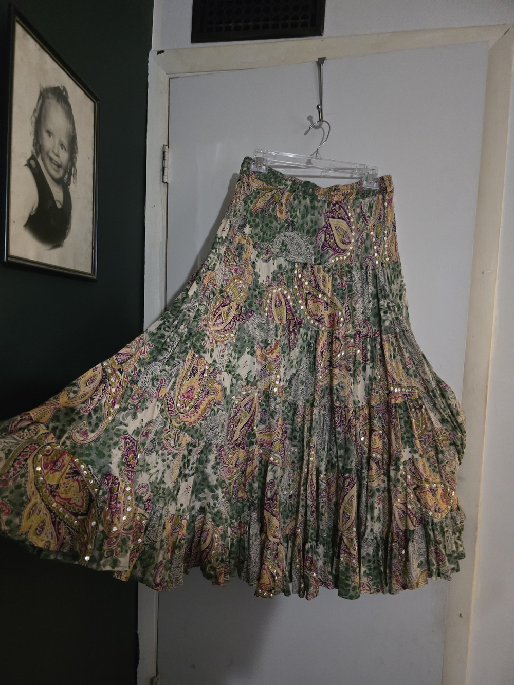 Bohemian A-Line Tiered Maxi Skirt in Green & Yellow Paisley - Picture 3 of 4